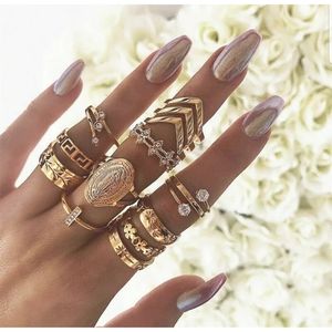 Chic boho 13 piece antique gold chevron cubic zirconia stackable ring set